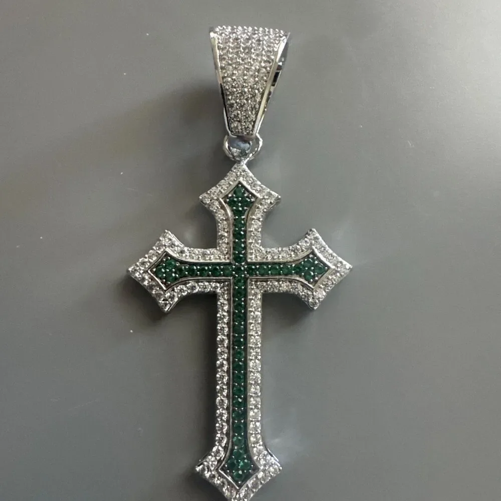 Silver Plated Green Cubic Zirconia Cross Pendant 24 Inch Necklace Unisex Hip Hop